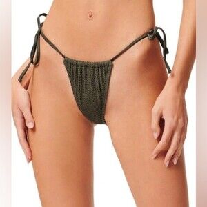 GOOD AMERICAN Crinkle Always Fits Tiny Ties Bikini Bottom XS Stormy Olive Green